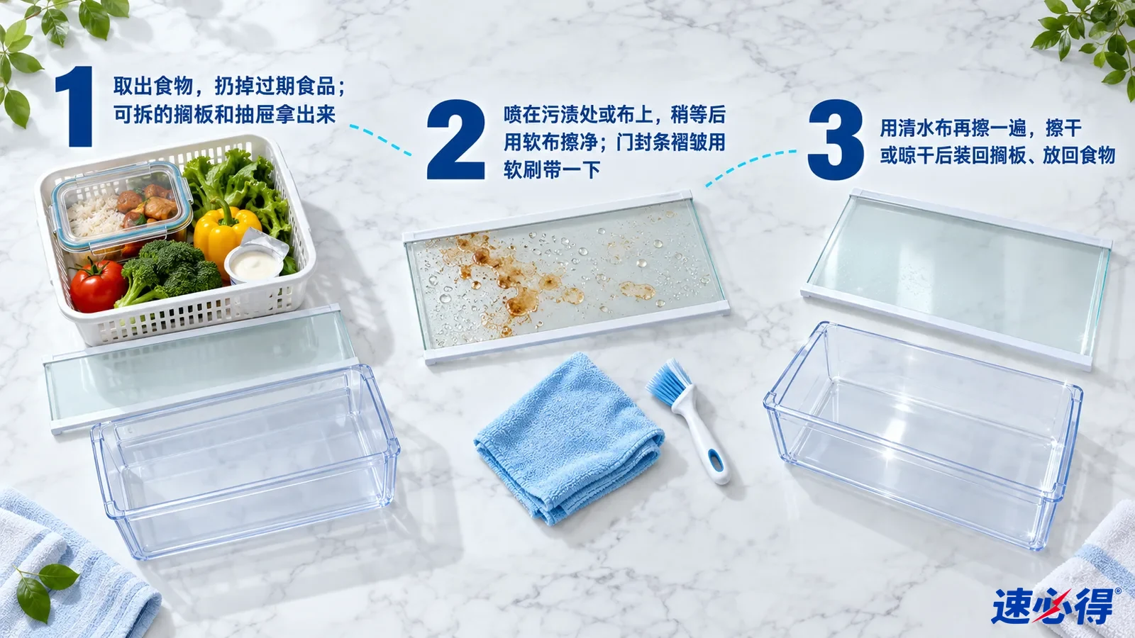 示意图:食品篮、抽屉、带残渍的玻璃样片和蓝色布,配有编号步骤。
