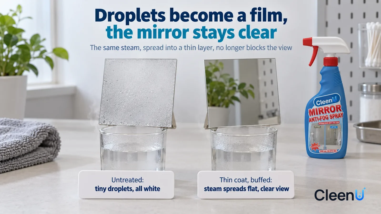 Illustration: CleenU Mirror Anti-Fog Spray — A landscape medium close-up of a small experiment in a cleaning lab: two identical small square mirror pieces side by side on a white test b Headline: "Dro