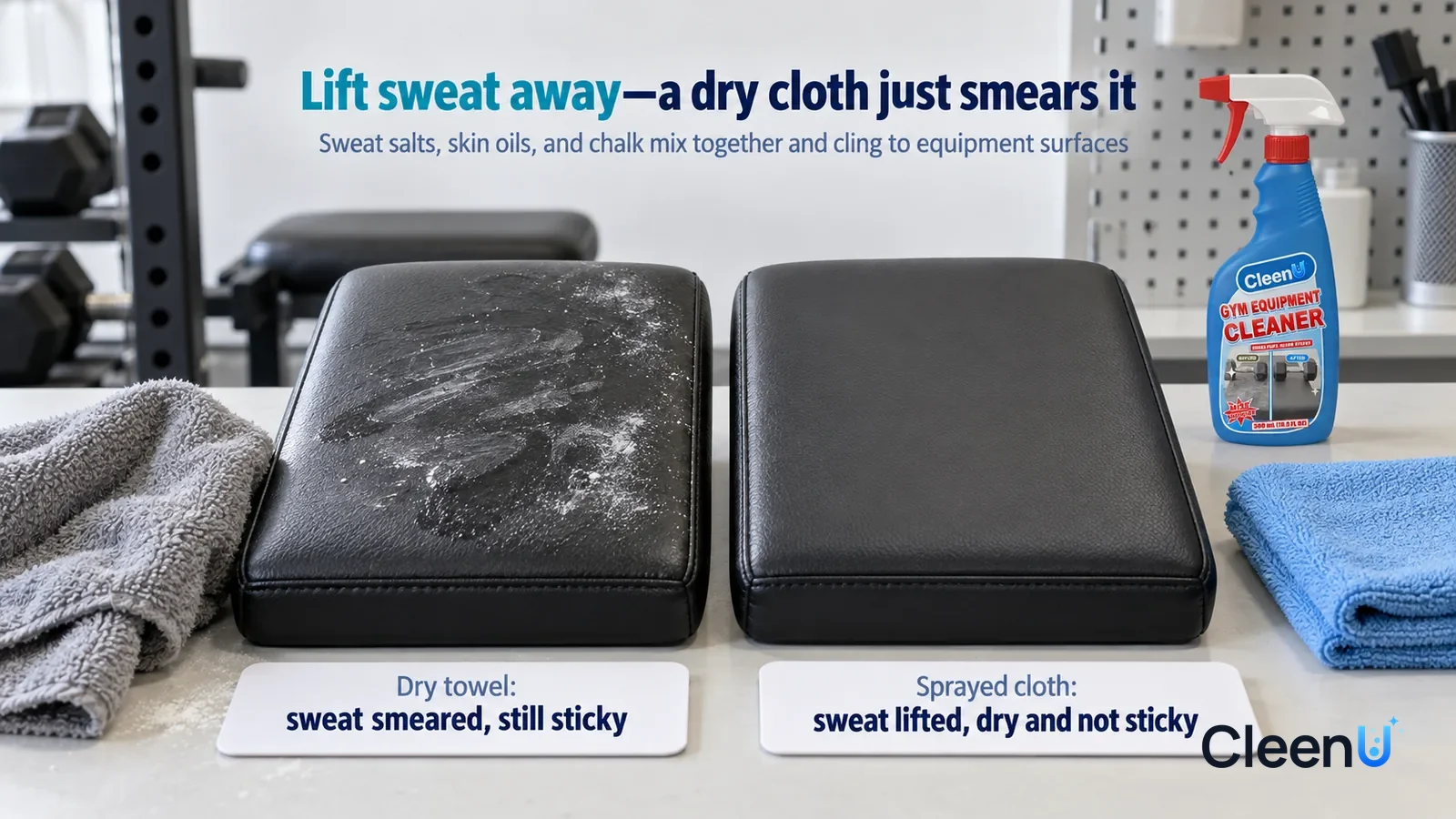 Illustration: CleenU Gym Equipment Cleaner — A landscape medium close-up of a small experiment in a cleaning lab: two identical black faux-leather samples side by side on a white test b Headline: "Lif