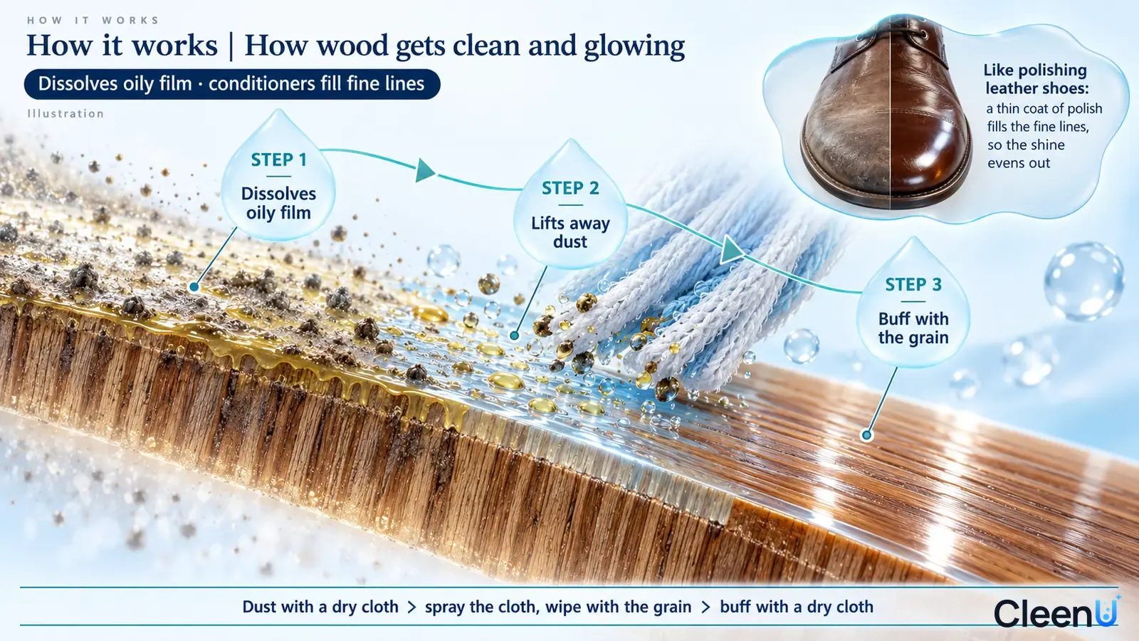 Illustration: A wood-grain cross-section with particles, drops and a cloth with a shoe-care analogy inset.