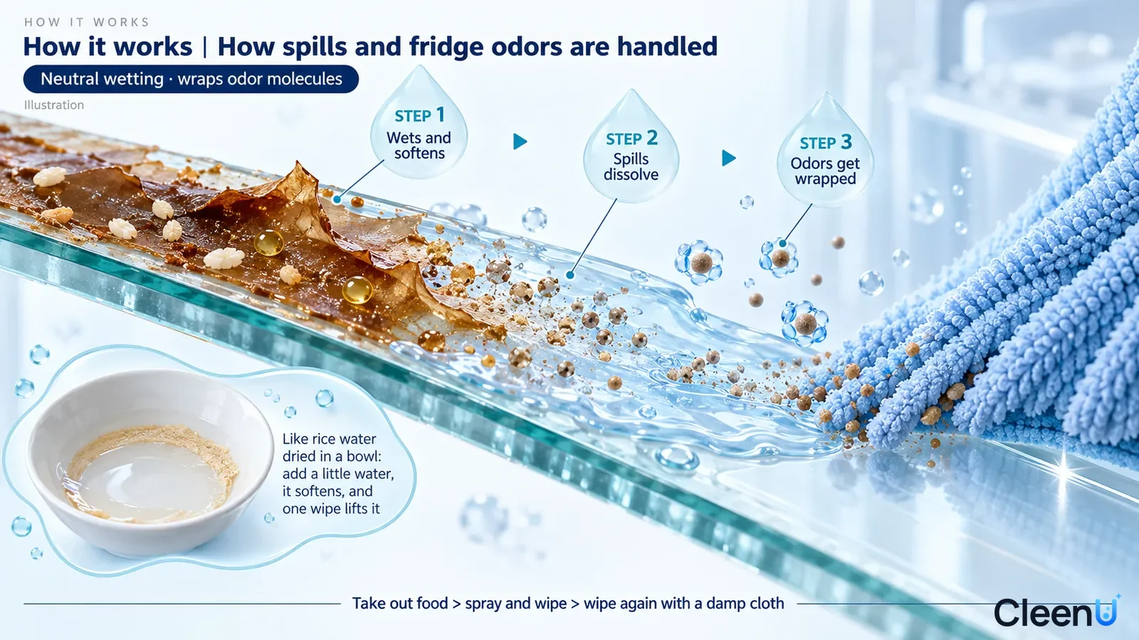 Illustration: A glass shelf cross-section with brown spills, drops, a blue cloth and particles.