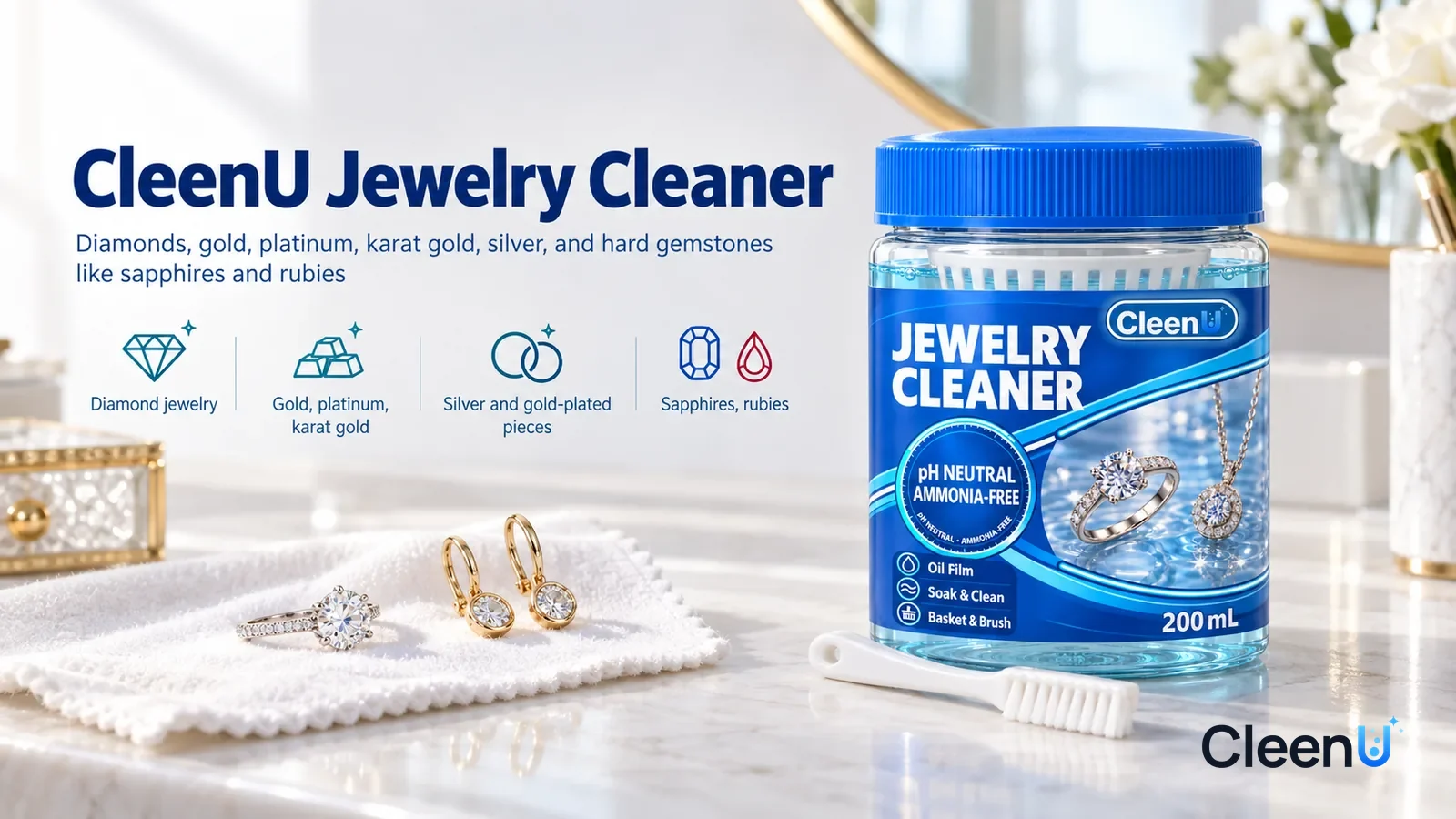 Illustration: CleenU Jewelry Cleaner — A bright, clean bedroom vanity, a clear diamond ring and a pair of gold earrings (simple, unbranded styles) on a white soft cloth