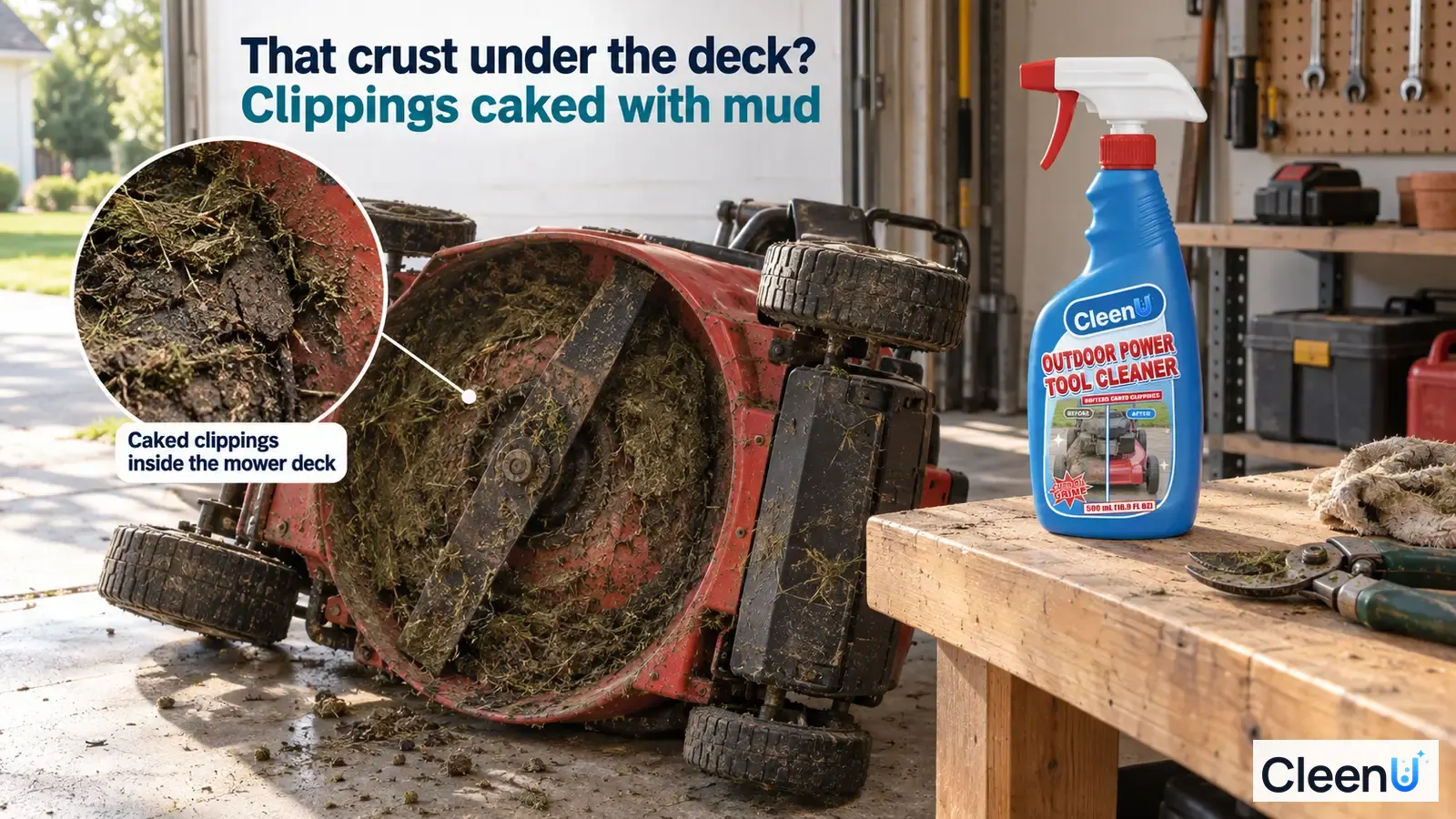 Illustration: Caked grass clippings and mud inside a mower deck beside a blue cleaner bottle.