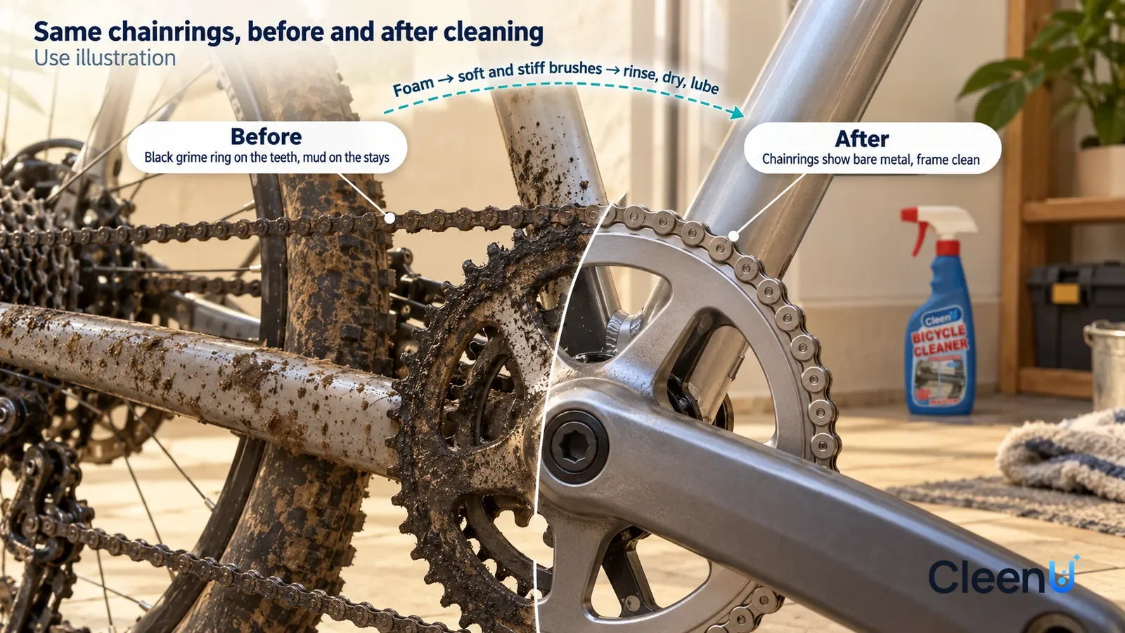Illustration: CleenU Bicycle Cleaner — A full-screen low-angle close-up of a bike's chainrings and rear stays in the same window light, no people