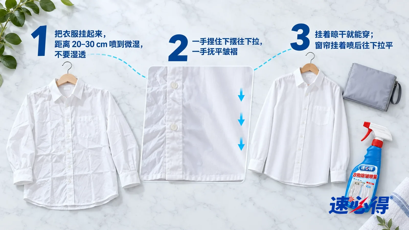 示意图:速必得衣物除皱喷雾——正上方俯拍的浅色大理石台面,不出现瓶子和手:① 一只木衣架和一件平铺的、带方形折痕的白色纯棉衬衫;② 一片微微湿润、颜色略深一点的衬衫前襟