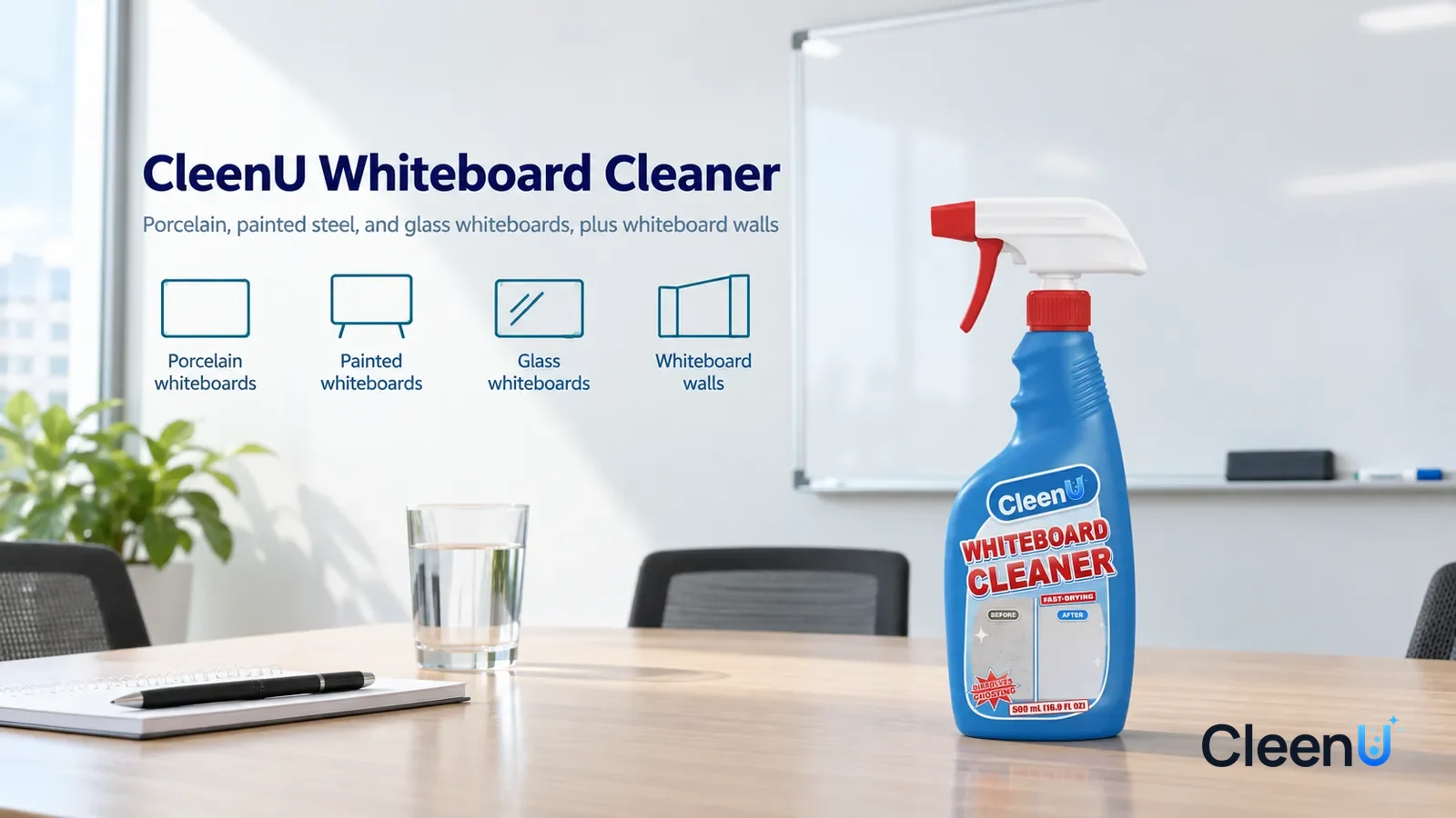 Illustration: CleenU Whiteboard Cleaner — A bright, clean small meeting room, a blank clean white whiteboard on the wall reflecting evenly with no words, an eraser in the pen tray