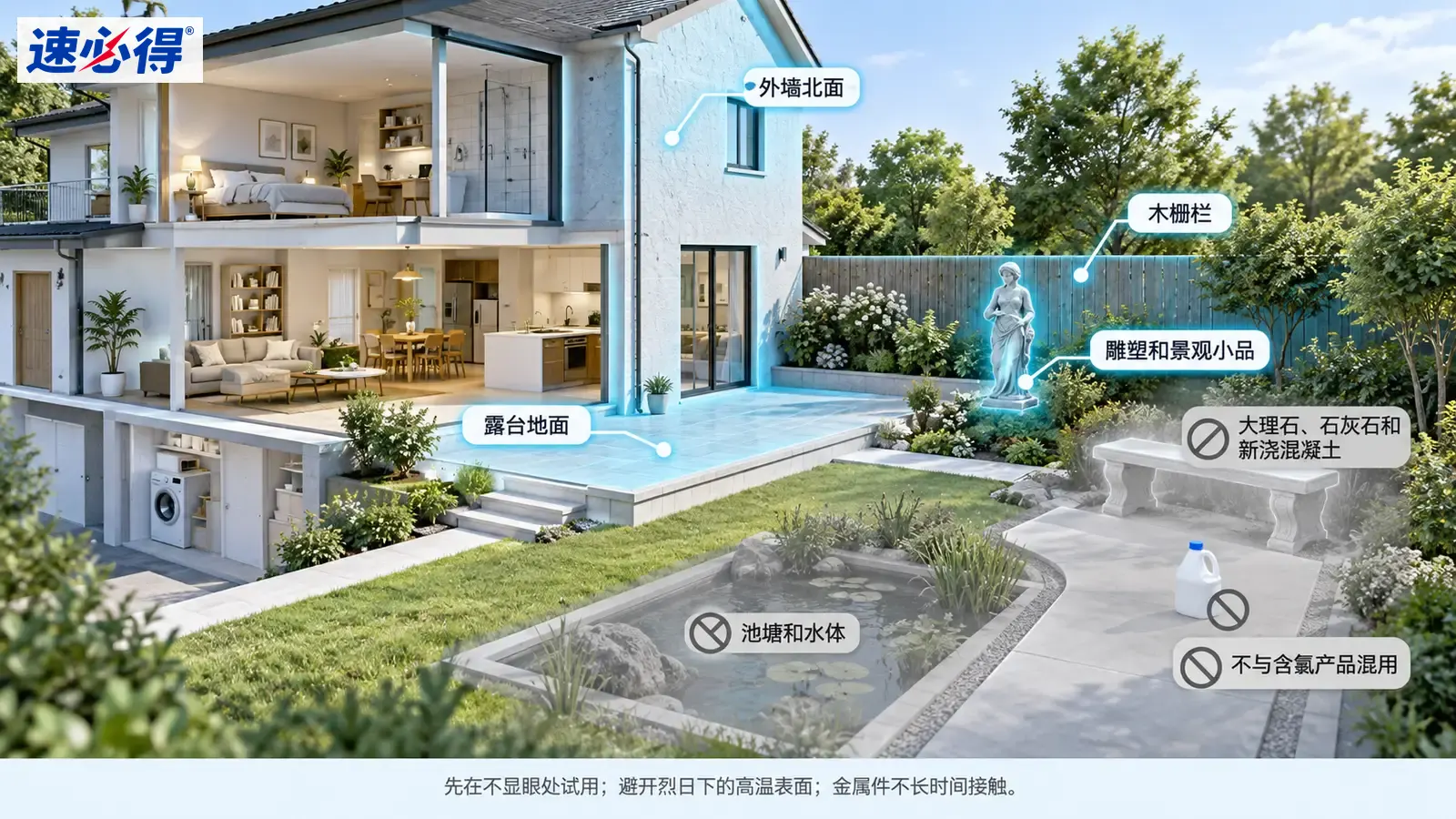 示意图：住宅庭院铺装、墙面和围栏被突出显示，旁列材质注意事项。