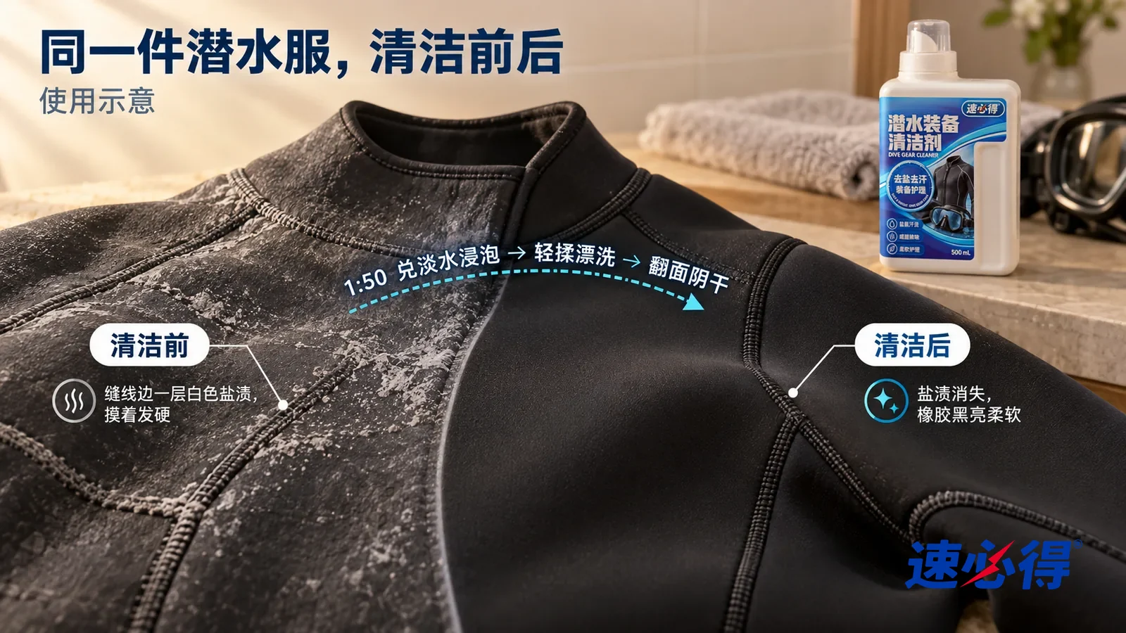 示意图:速必得潜水装备清洁剂——整屏一件黑色氯丁橡胶潜水服前胸和缝线的低角度大近景(无品牌标志),同一侧光,没处理的一侧表面一层白色盐渍印
