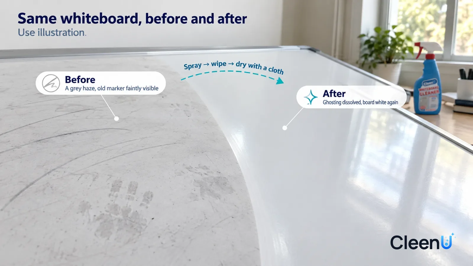 Illustration: CleenU Whiteboard Cleaner — A full-screen low-angle close-up of a white porcelain whiteboard in the same window light