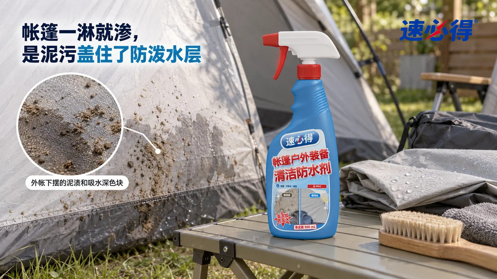 示意图：速必得帐篷户外装备清洁防水剂——同一后院养护区、浅灰双人帐篷、折叠露营桌和软毛刷；各布样使用同一材质织纹