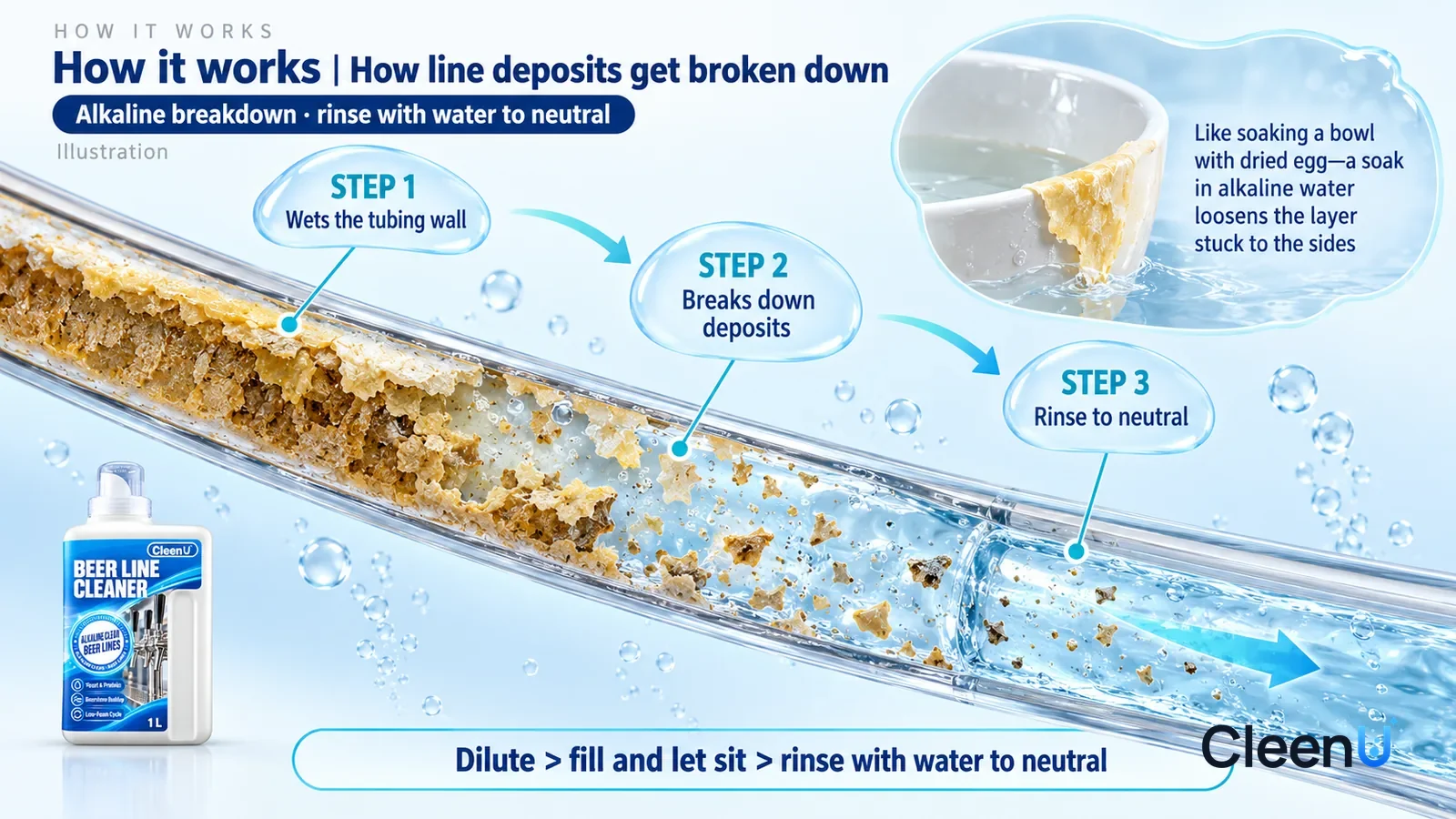 Illustration: CleenU Beer Line Cleaner — an enormously magnified lengthwise cross-section of a clear beer line runs diagonally from upper left to lower right; on the left