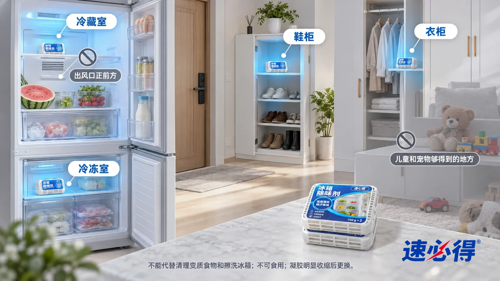 示意图：速必得冰箱除味剂（凝胶款）——一张写实 3D 剖面实景图，一套明亮的家的厨房、玄关和卧室，连续空间、一个视角和包装盒：打开门的冰箱（无品牌标志）的冷藏室和冷冻室