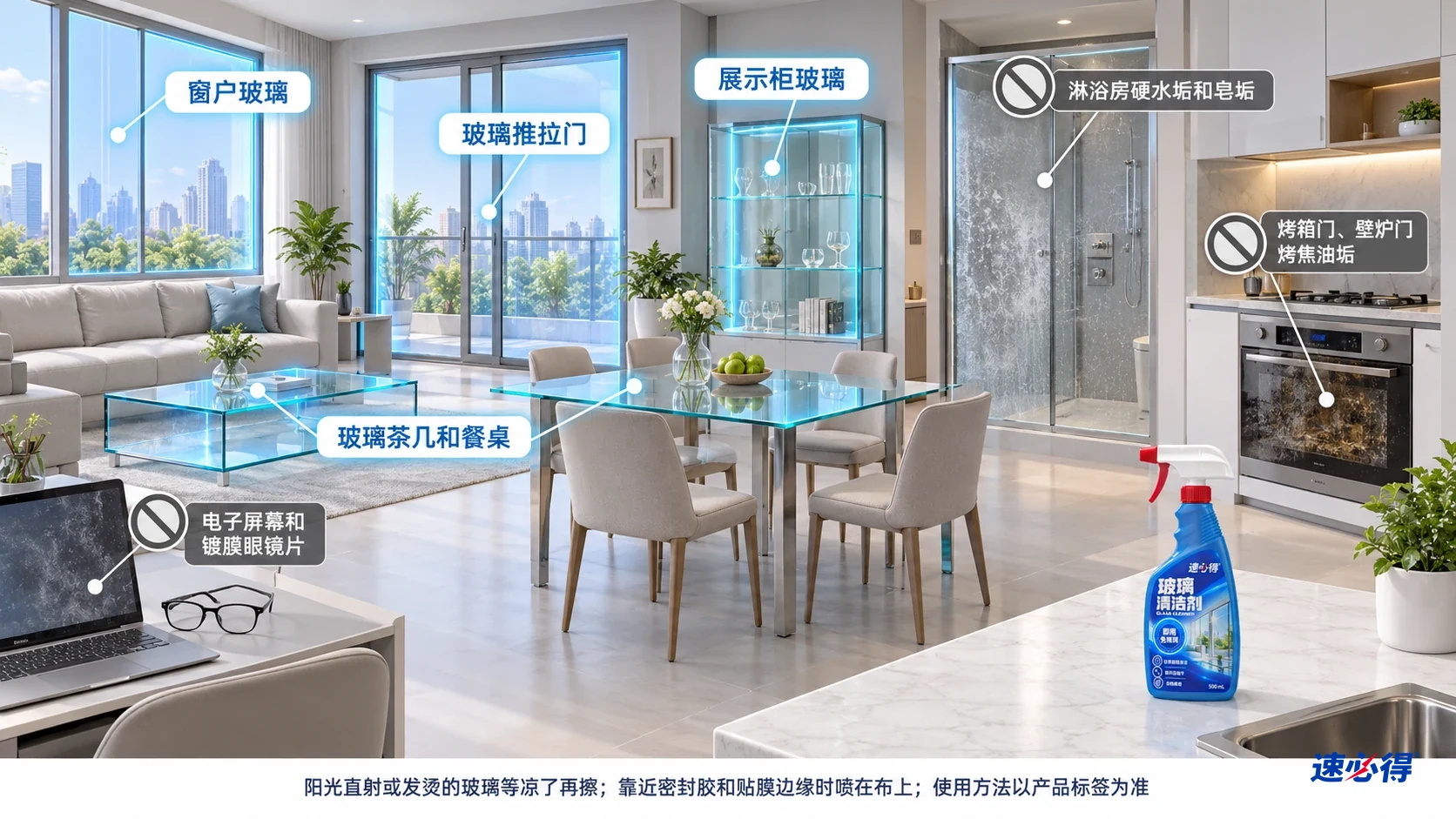 居家玻璃适用对象与电子屏幕、镀膜镜片等禁用对象的说明示意。