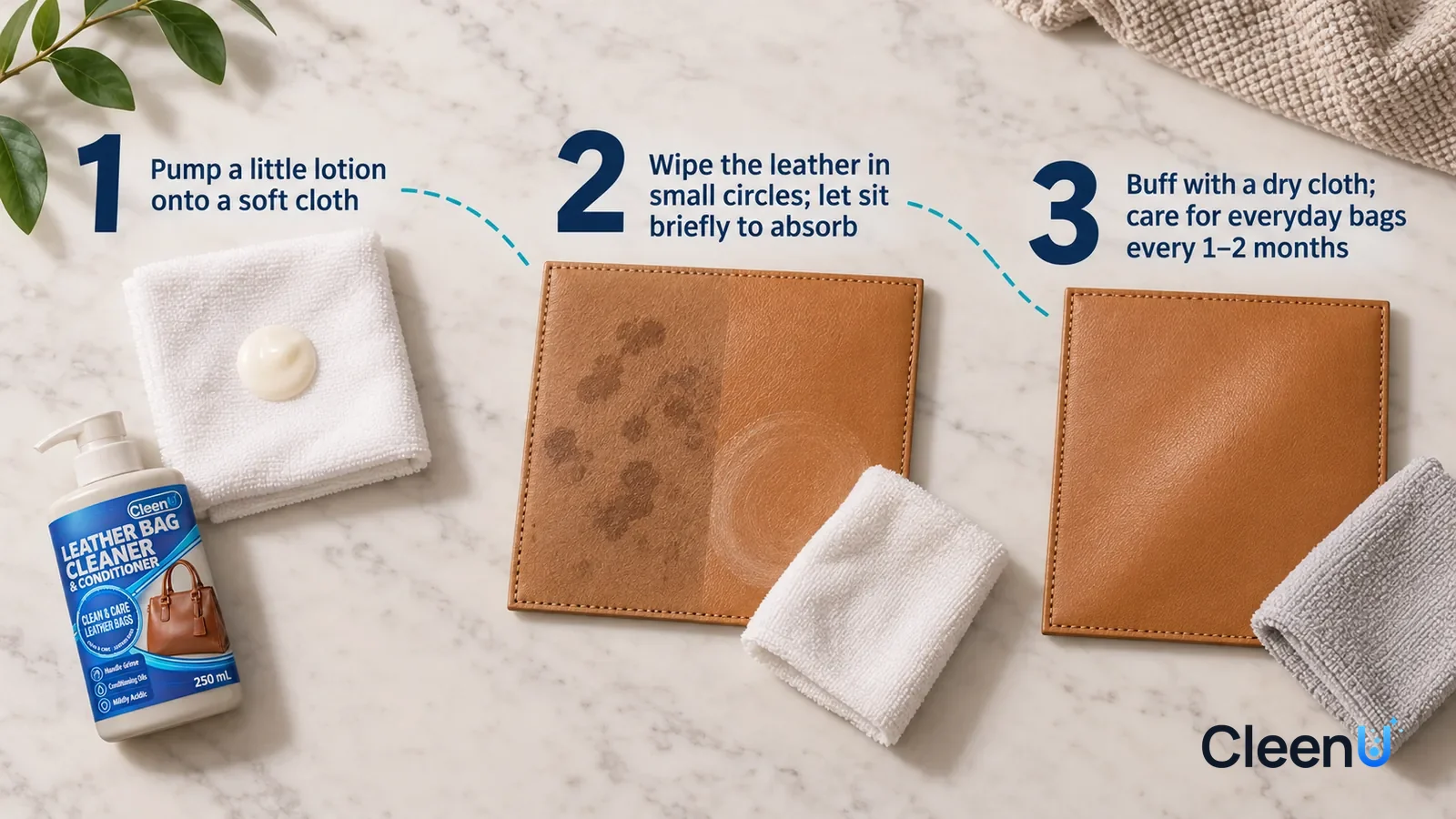 Illustration: CleenU Leather Bag Cleaner & Conditioner — an overhead shot straight down onto a light marble tabletop, no bottle and no hands: (1) a folded white soft cotton cloth with a small dollo