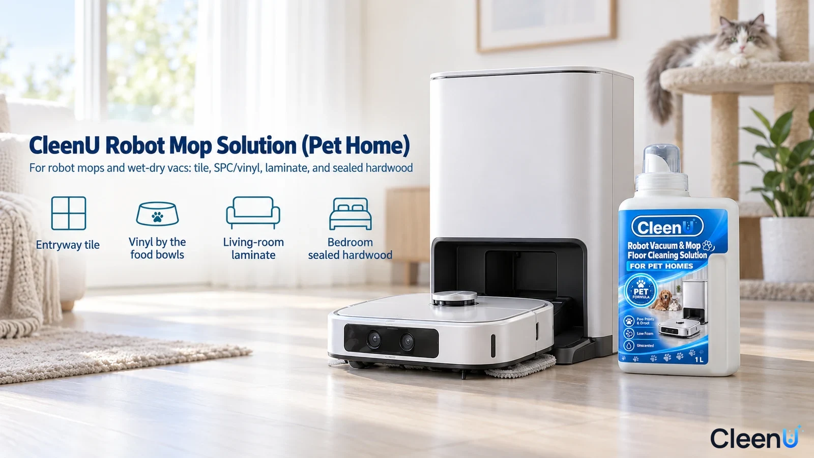 Illustration: A white cleaning-solution bottle and robot-mop dock beside a cat tree with use icons.