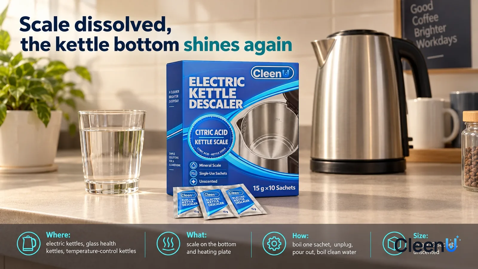 Illustration: CleenU Electric Kettle Descaler, carton closed, stands centered on the counter, sachets leaning in front as in the master, a clear glass of water beside it