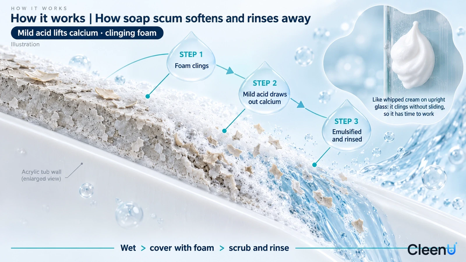 Illustration: A bathtub surface cross-section with soap-scum particles, foam and rinsing water.
