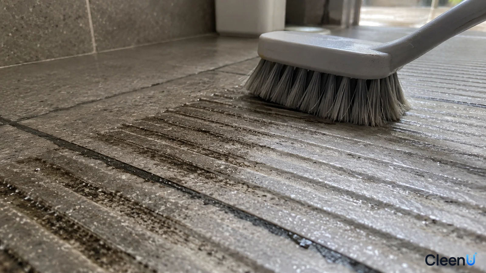 Close-up illustration of a brush scrubbing grooves in anti-slip tiles with dark grime.