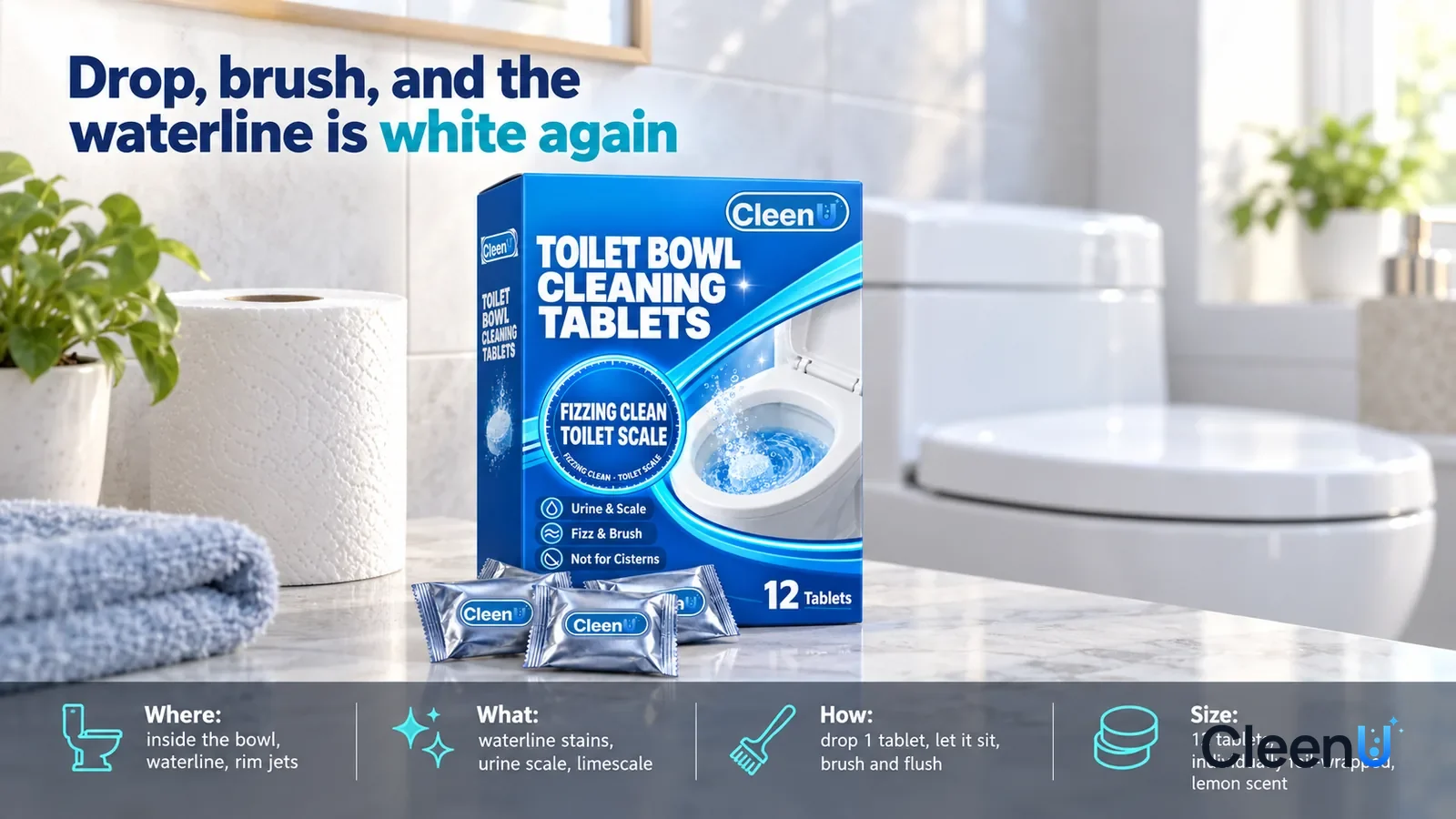 Illustration: CleenU Toilet Bowl Cleaning Tablets carton, closed, stands upright and centered on a bathroom shelf, three foil sachets in front