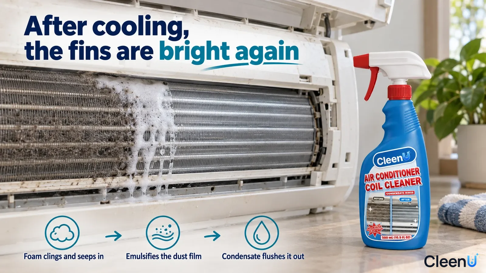 Illustration: White foam, dark dust and brighter areas on exposed air-conditioner fins beside a blue bottle.