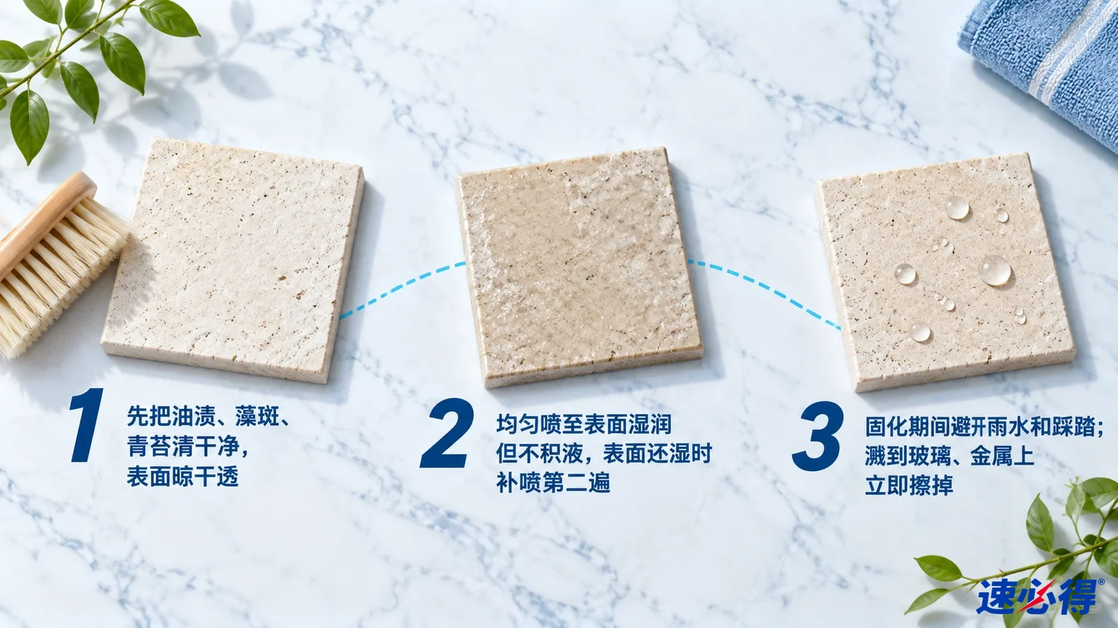 示意图:刷子、浅色地砖样片和表面水珠,配有编号防护处理步骤。