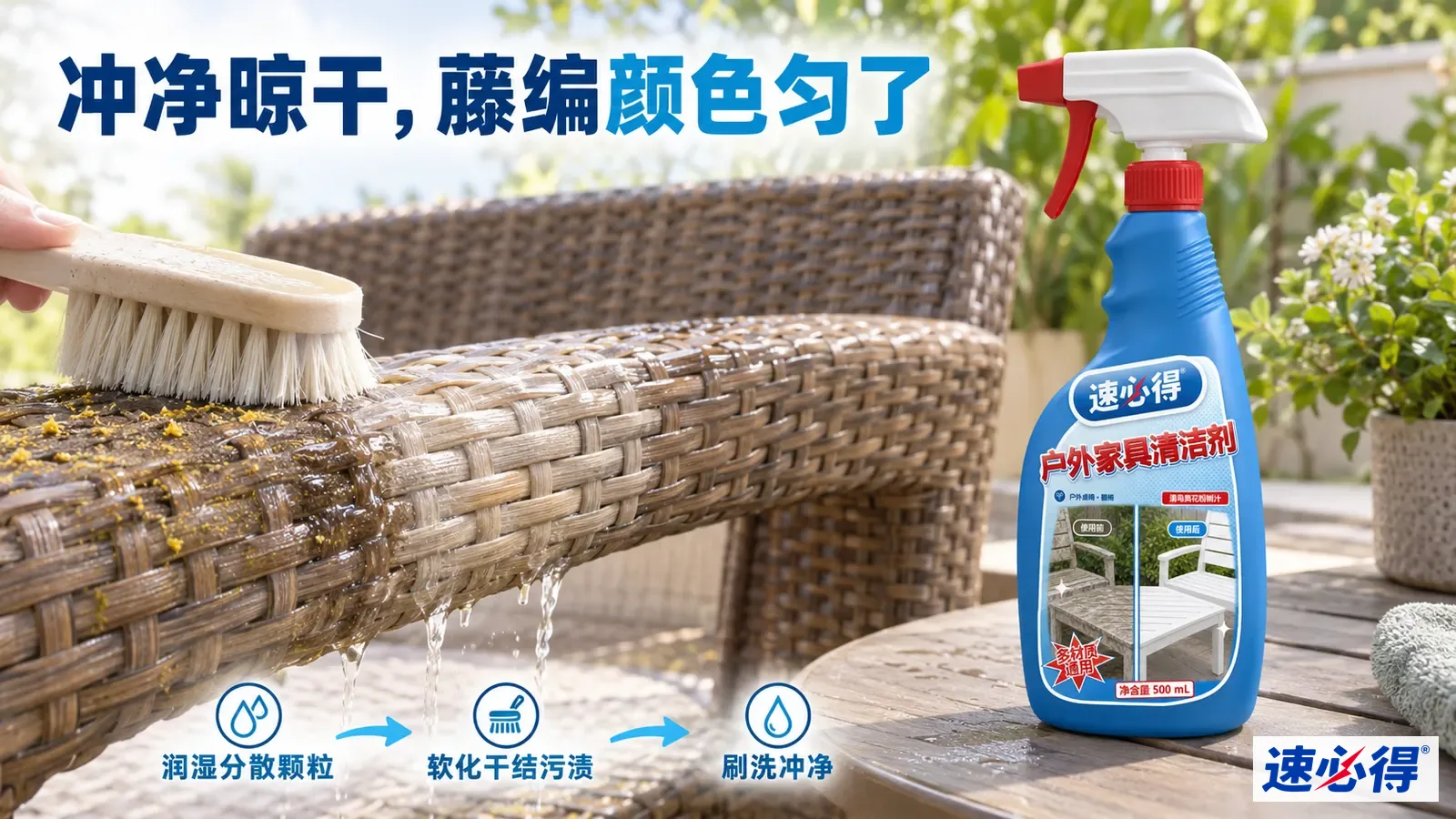 示意图：刷子刷洗编织座椅扶手污迹，旁有蓝色喷瓶。