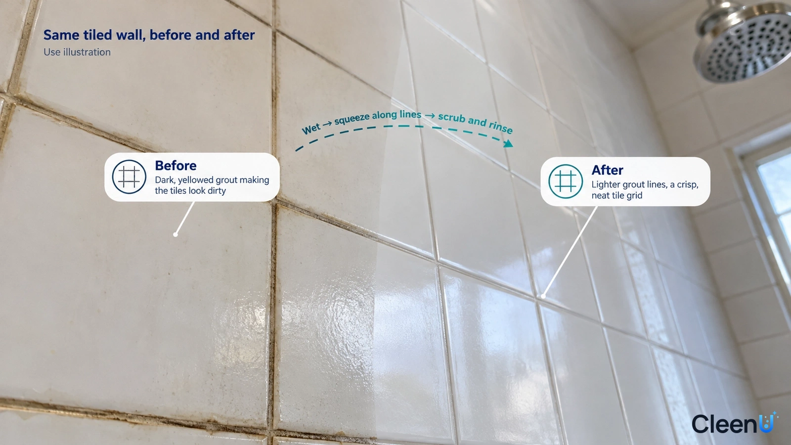 Illustration: Dark yellow wall-tile grout beside a clearer area; not a measured cleaning test.