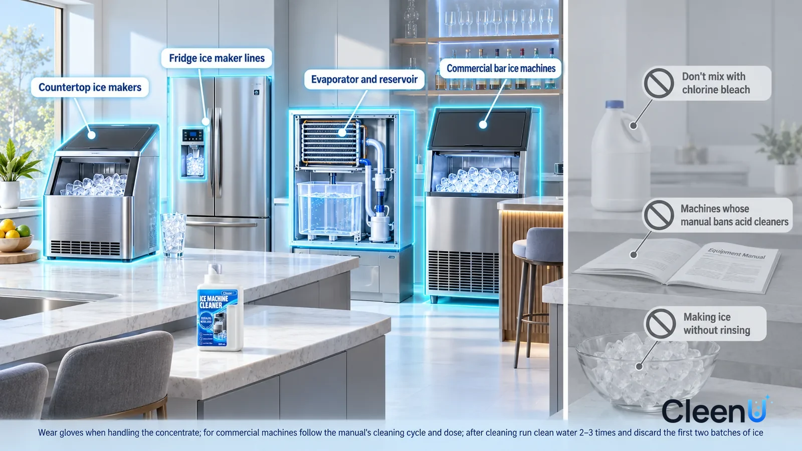 Illustration: CleenU Ice Machine Cleaner — A realistic 3D cutaway of a bright home's kitchen and bar area, one continuous space from one viewpoint, no bottle: a countertop ice maker