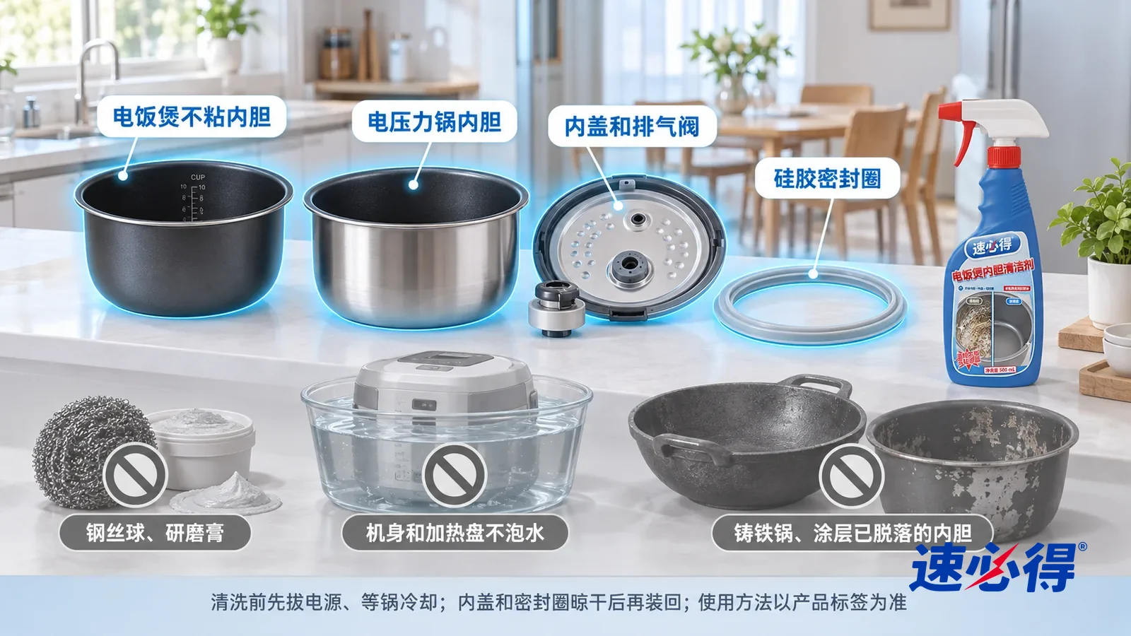 示意图：速必得电饭煲内胆清洁剂——一张写实 3D 剖面实景图，一套明亮的家的厨房和餐厅，连续空间、一个视角，电饭煲不粘内胆、电压力锅内胆、拆下的内盖和排气阀