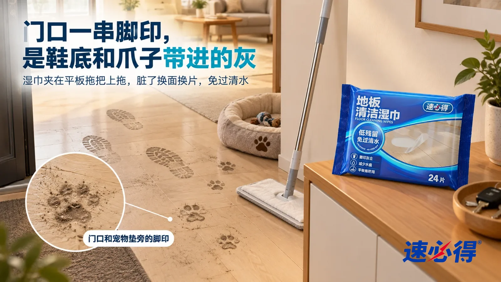 示意图:速必得地板清洁湿巾——一个家常玄关通往客厅,浅色复合木地板上,侧光斜照下门口一串灰色鞋印和宠物软垫旁几个带泥的小爪印清楚可见,标题“门口一串脚印,是鞋底和爪子带进的灰”