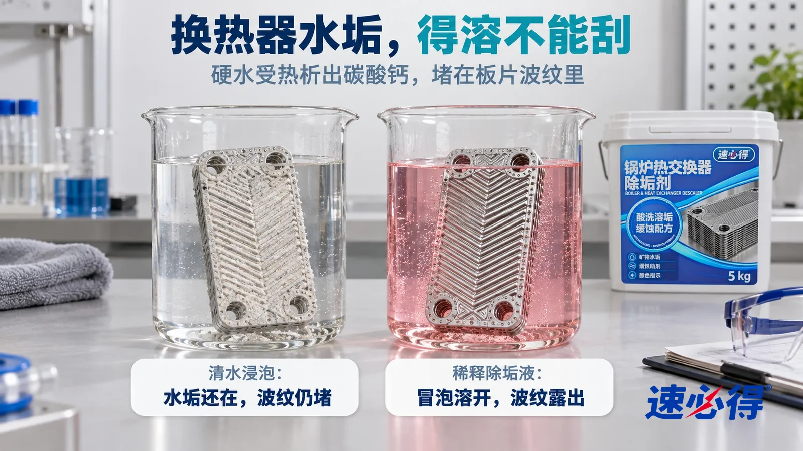 示意图：速必得锅炉热交换器除垢剂——白色测试台上并排放着两只同样的透明玻璃烧杯，各泡着一片同样结着灰白水垢的不锈钢板片小样，标题“换热器水垢，得溶不能刮”