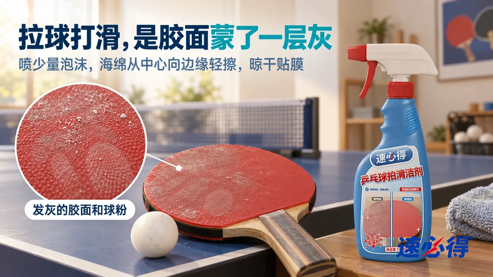 示意图：速必得乒乓球拍清洁剂——家里活动室的一张蓝色乒乓球台，台角平放着一只红色反胶球拍和一只白色乒乓球（球拍、球台都没有品牌标志），窗光侧照下红色胶面整体发灰，标题“拉球打滑，是胶面蒙了一层灰”