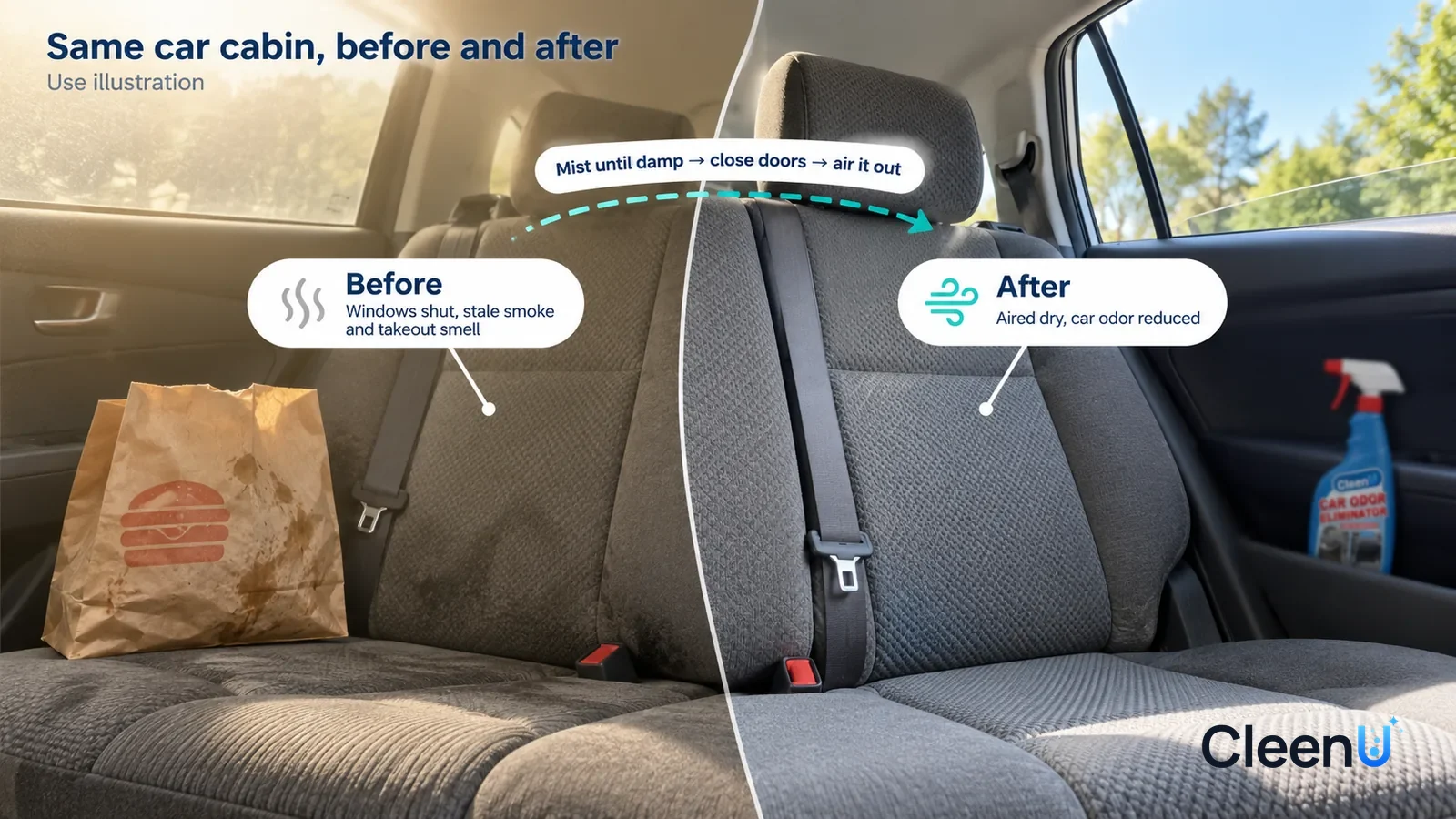 Illustration: CleenU Car Odor Eliminator — A full-screen close-up of a family sedan's rear fabric seats, same angle, no bottle, no car logo: on the untreated side the window is shut