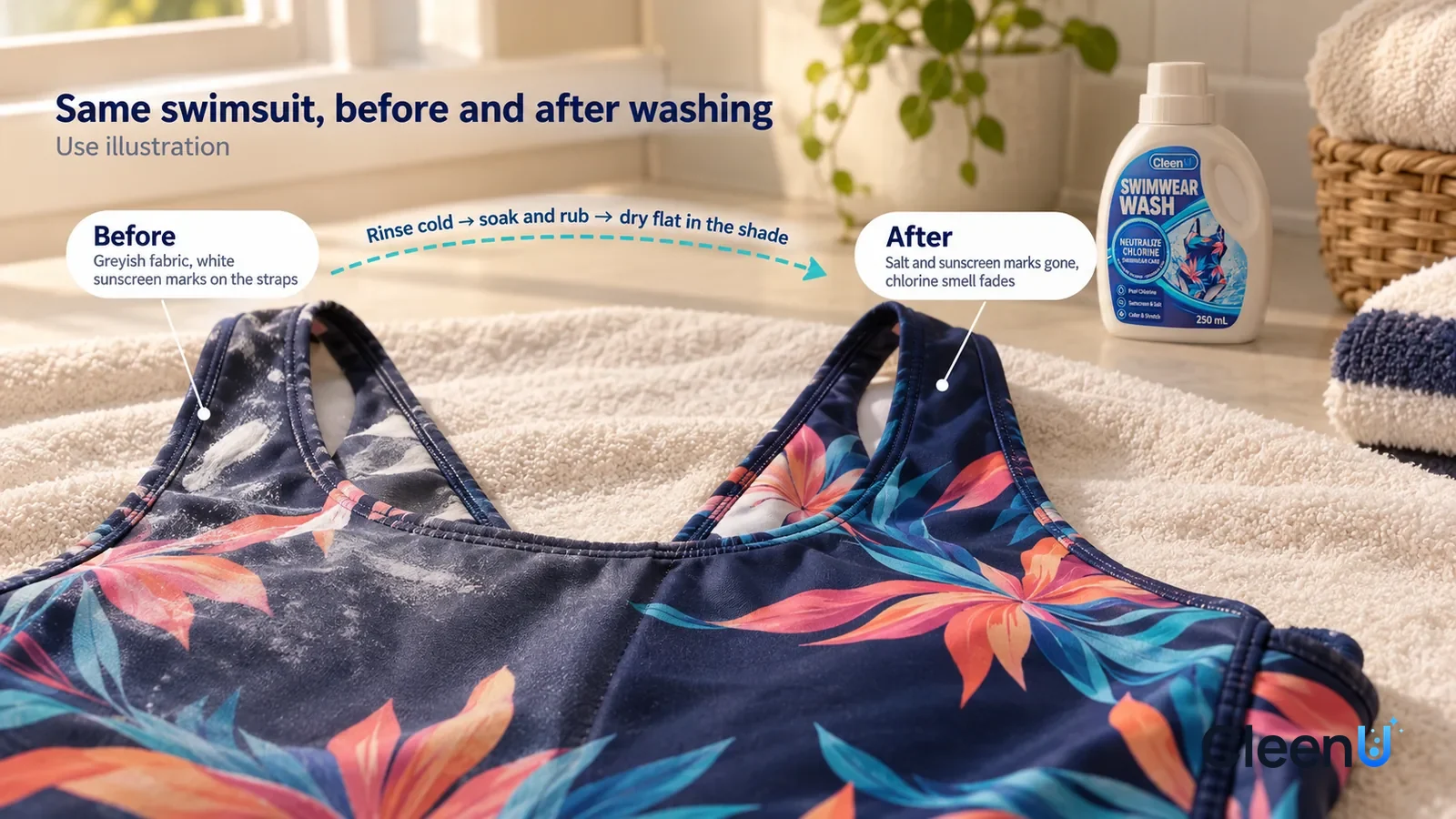 Illustration: CleenU Swimwear Wash — A full-screen low-angle close-up of the chest and straps of a dark printed one-piece swimsuit laid flat on a light towel