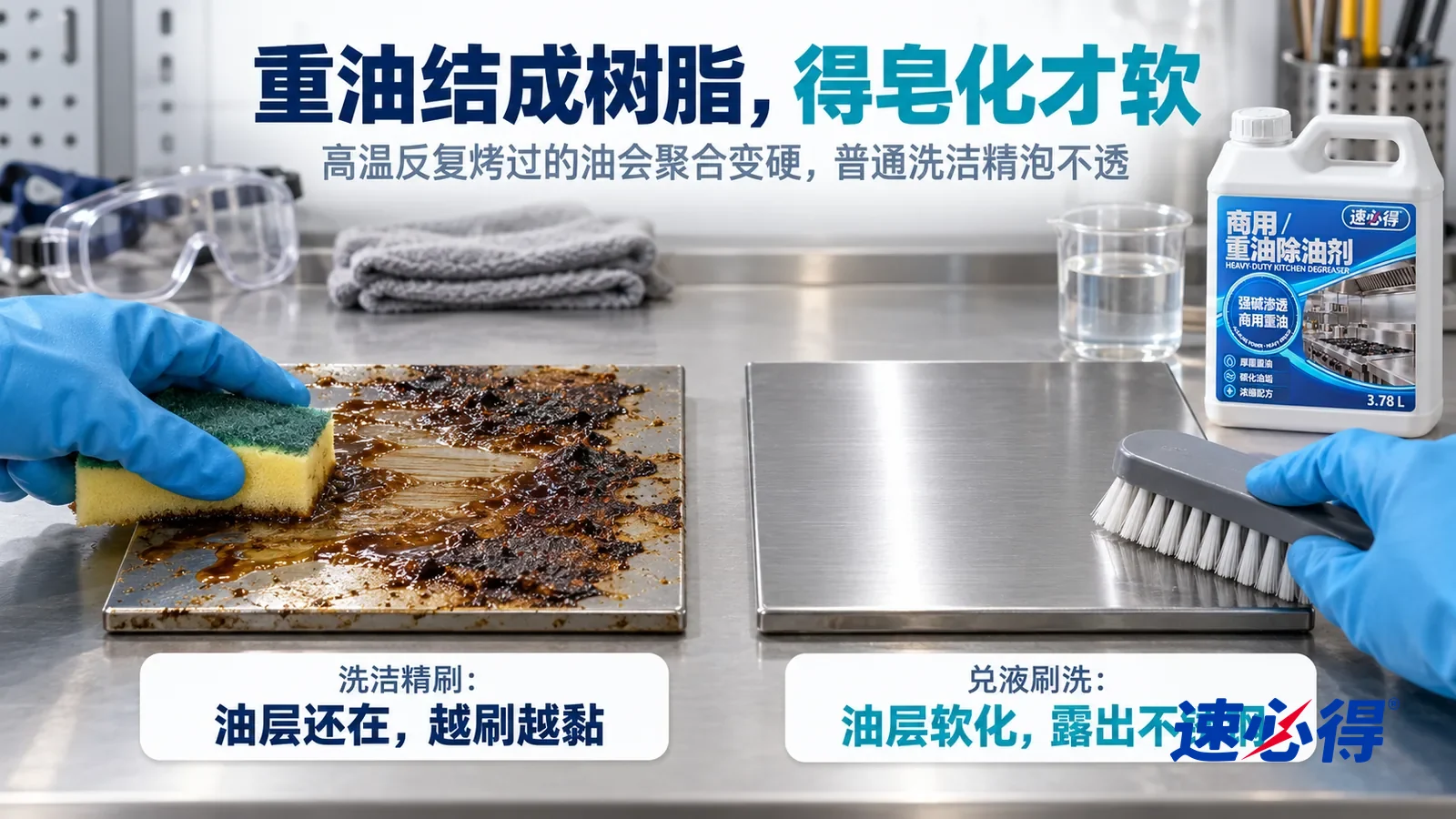 示意图：速必得商用重油除油剂——都结着一样的黑褐色碳化油垢，标题“重油结成树脂，得皂化才软”