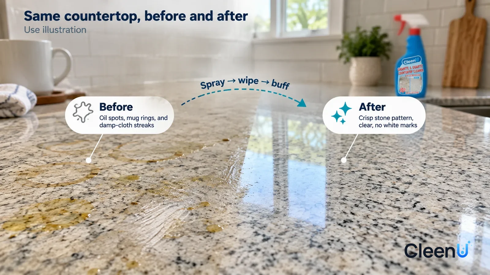 Illustration: CleenU Granite & Quartz Countertop Cleaner — A full-screen low-angle close-up of a white-and-grey granite kitchen countertop in the same side light