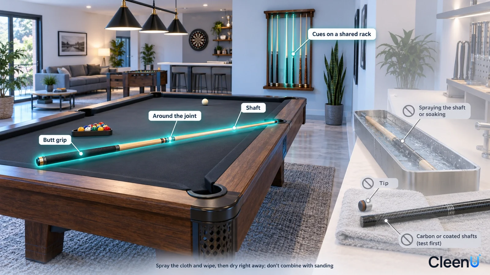 Illustration: Highlighted billiard cue shaft and butt beside care precaution icons.