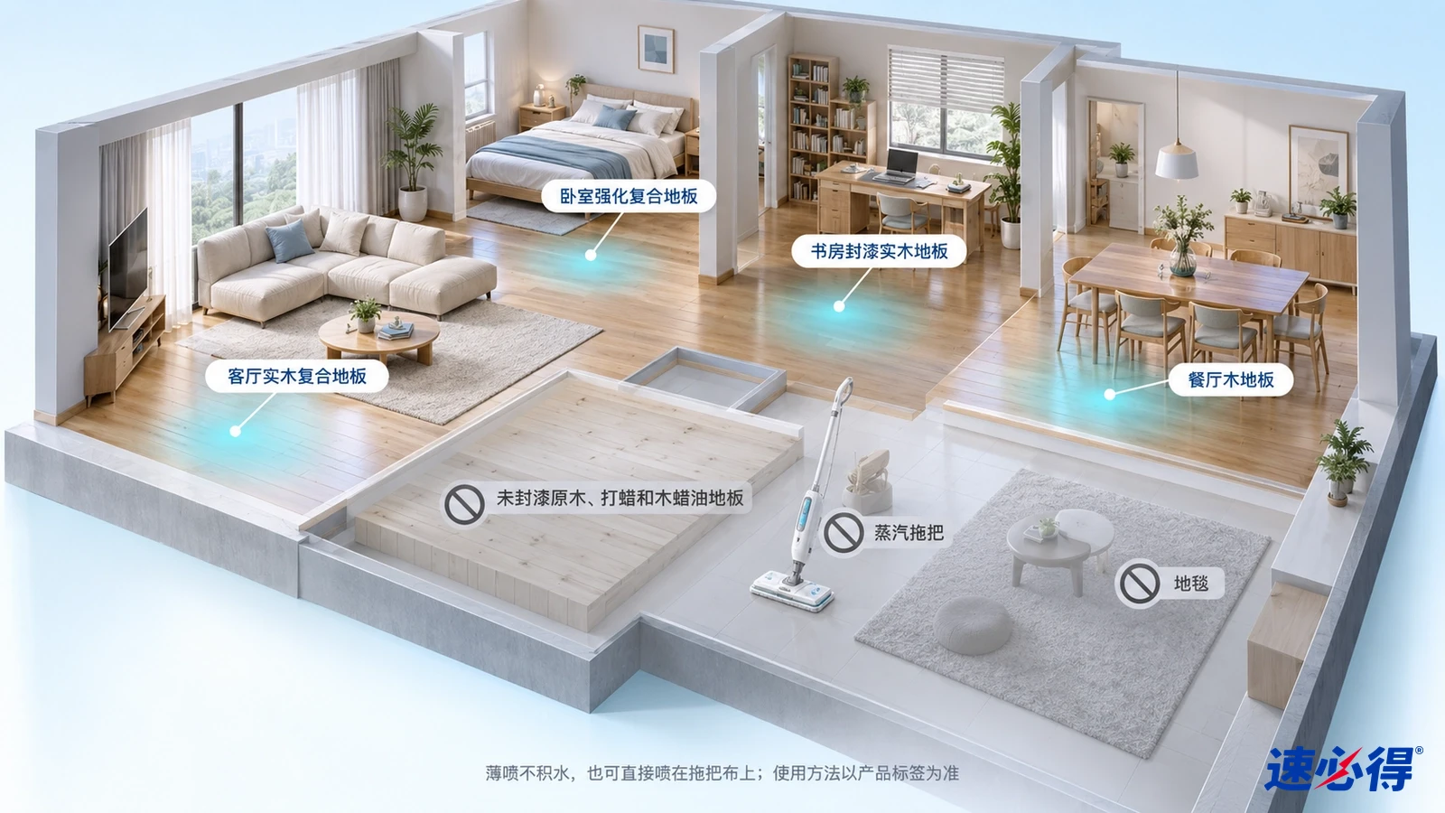 示意图：客厅与卧室地板区域被突出显示，旁列材质和设备注意事项。