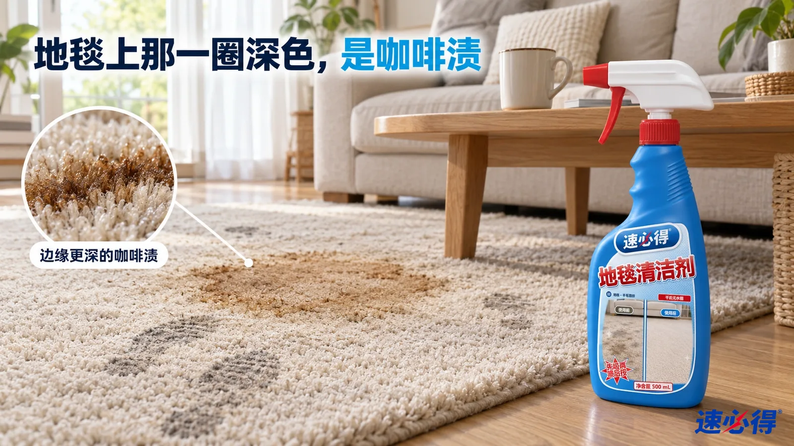 示意图：浅色地毯上有棕色咖啡环渍和深色脚印，蓝色喷瓶摆在旁边。