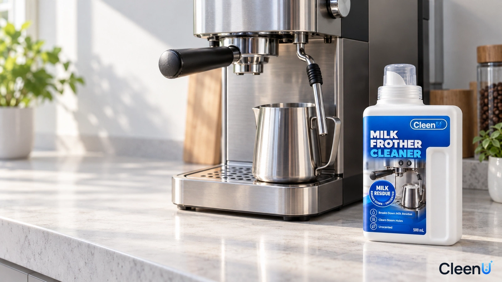 Illustration: A white cleaner bottle beside a coffee machine and milk pitcher near a window.