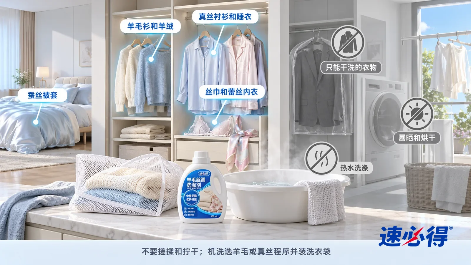 示意图：速必得羊毛丝绸洗涤剂——一张写实 3D 剖面实景图，一套明亮的家的卧室、衣帽间、洗衣房和阳台，连续空间、一个视角，羊毛衫和羊绒衫、真丝衬衫和睡衣、丝巾和蕾丝内衣