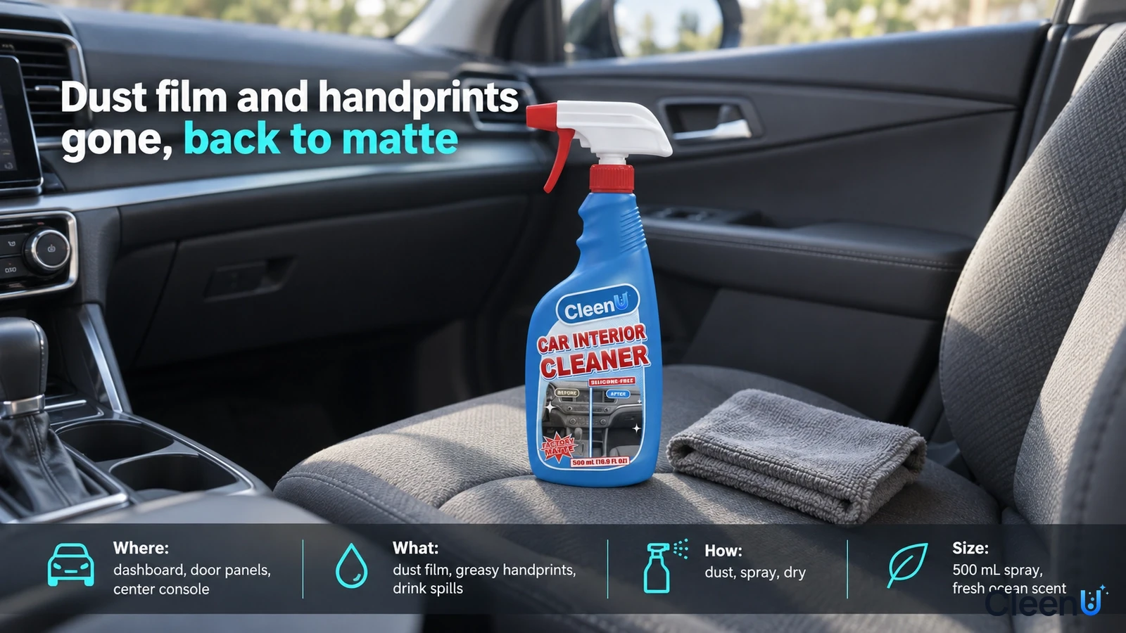 Illustration: A blue cleaner bottle and folded gray cloth on a car front seat.