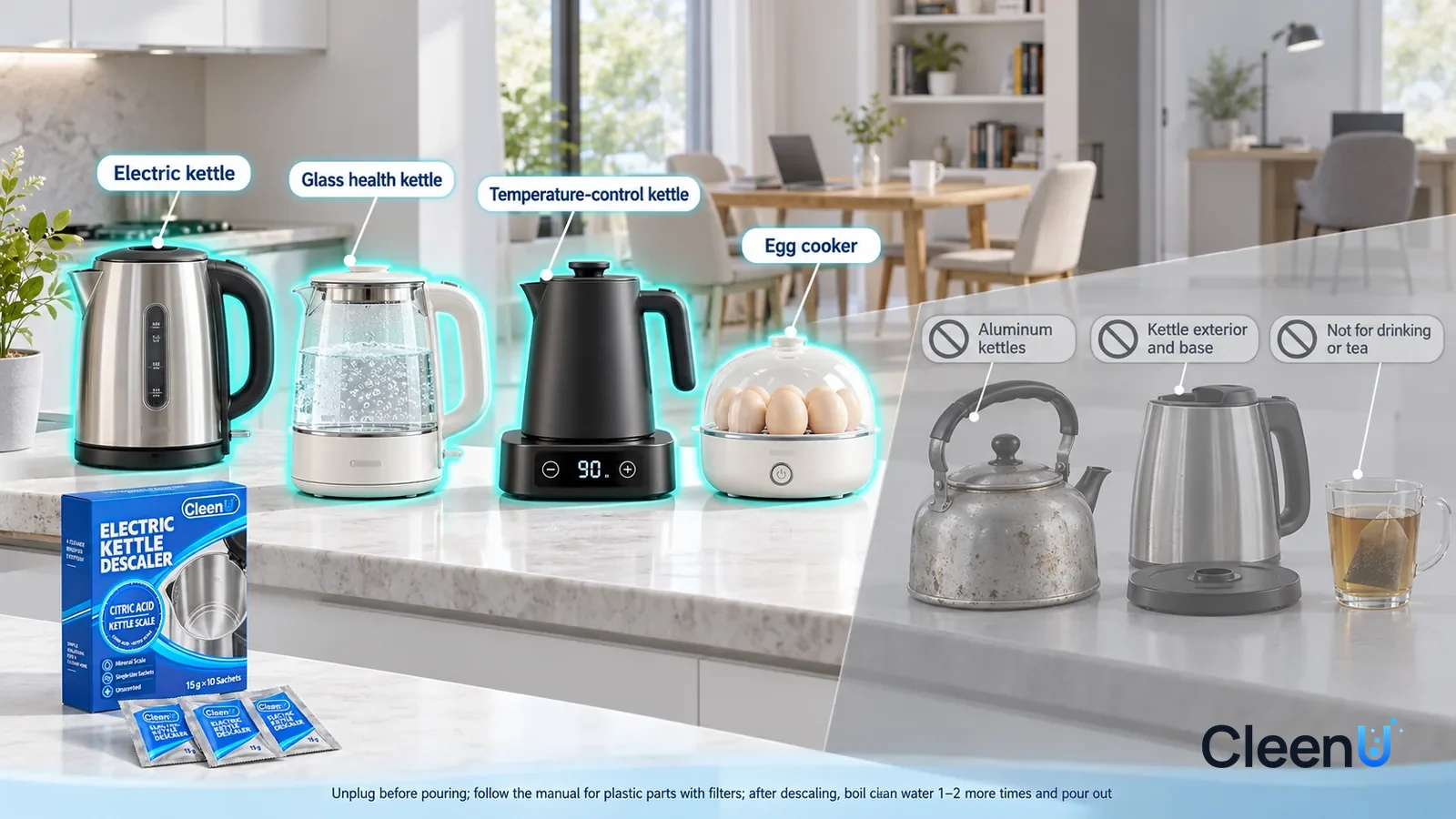 Illustration: CleenU Electric Kettle Descaler — A realistic 3D cutaway of a bright home's kitchen, dining area, and study