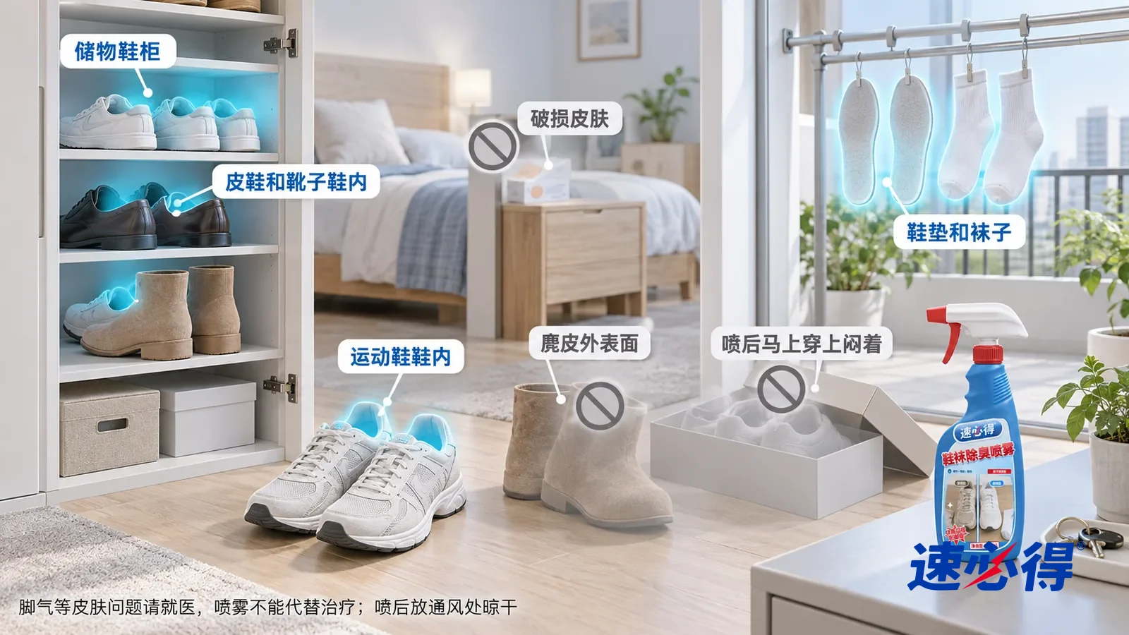 示意图:速必得鞋袜除臭喷雾——一张写实 3D 剖面实景图,一套明亮的家的玄关、卧室和阳台,连续空间、一个视角,运动鞋鞋内、皮鞋和短靴鞋内、晾架上的鞋垫和袜子