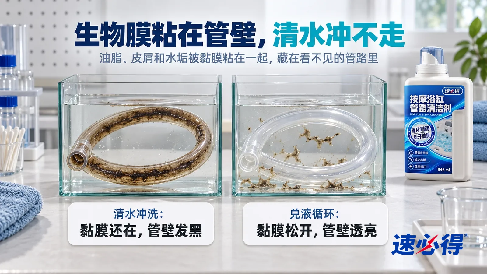 示意图：速必得浴缸 SPA 清洁剂——白色测试台上并排放着两只同样的透明玻璃水槽，各泡着一段同样的透明软管，管内壁都附着一层黑褐色黏膜，标题“生物膜粘在管壁，清水冲不走”