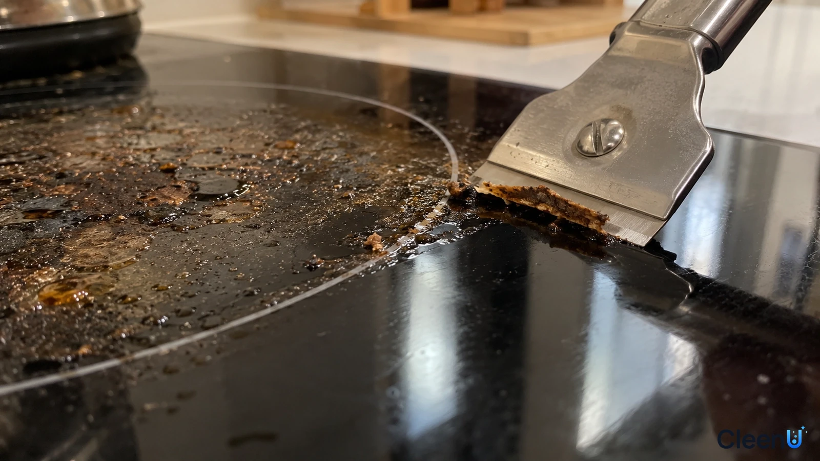 Illustration: Close-up of a metal scraper lifting burnt residue from a black glass cooktop.