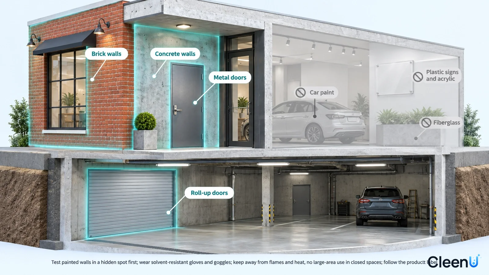 Illustration: Highlighted brick walls, metal doors and roll-up shutters beside material precautions.