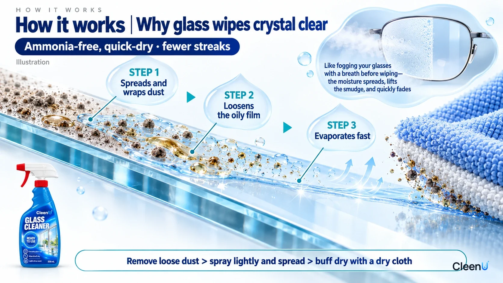 Illustrated cleaning mechanism showing soil, liquid droplets and microfiber on glass.