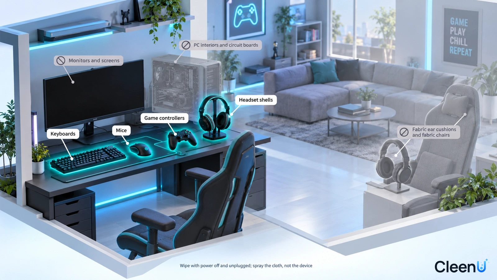 Illustration: Highlighted gaming-room keyboards, mice and headphones beside equipment precaution icons.