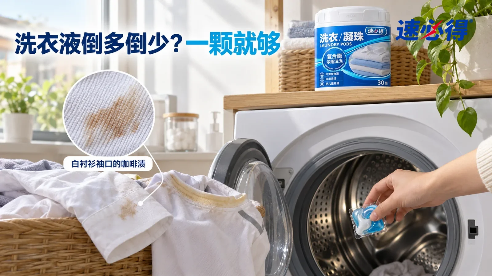 示意图：速必得洗衣凝珠——一个明亮的家用洗衣间，一台滚筒洗衣机（无品牌标志）前放着一只洗衣篮，篮里一件白衬衫的袖口带着一块淡褐色咖啡渍、一件运动 T 恤领口发黄